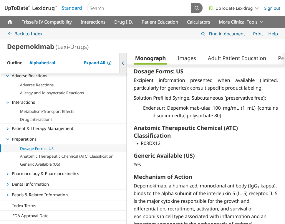 Screenshot of a page about Depemokimab in Lexidrug