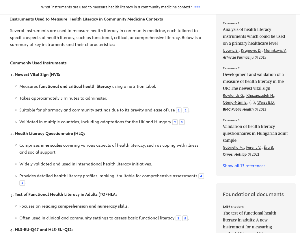 Screenshot of Scopus AI summary about instruments assessing health literacy