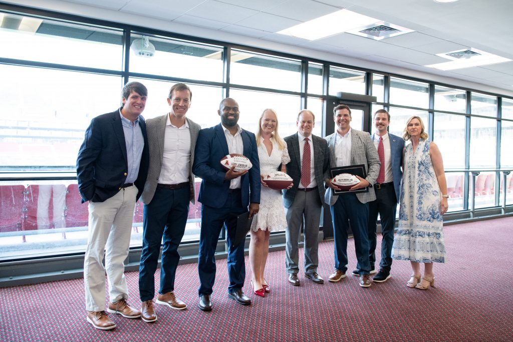 (From left): Dr. Cole Marshall, assistant professor of sports medicine in the Department of Family, Internal, and Rural Medicine, Dr. Brett Bentley, clinical associate professor  of sports medicine in the Department of Family, Internal, and Rural Medicine, Dr. Leroy Jemison (Sports Medicine Fellow), Dr. Dana Hutton (Sports Medicine Fellow), Dr. Ray Stewart, clinical associate professor of sports medicine in the Department of Family, Internal, and Rural Medicine, Dr. Joseph Snooks (Sports Medicine Fellow), Dr. Russ Guin, assistant residency director and clinical assistant professor of sports medicine  in the Department of Family, Internal, and Rural Medicine, and Dr. Ginger Medders, clinical assistant professor of sports medicine in the Department of Family, Internal, and Rural Medicine.  